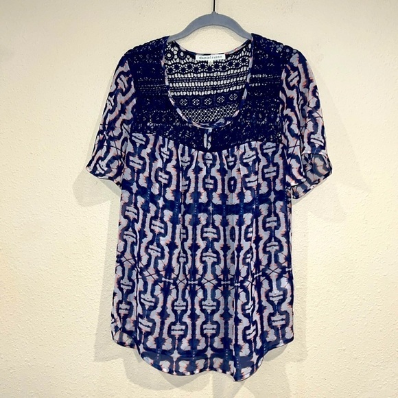 Daniel Rainn popover sheer Blouse crochet trim size small abstract ikat Boho - Picture 1 of 5